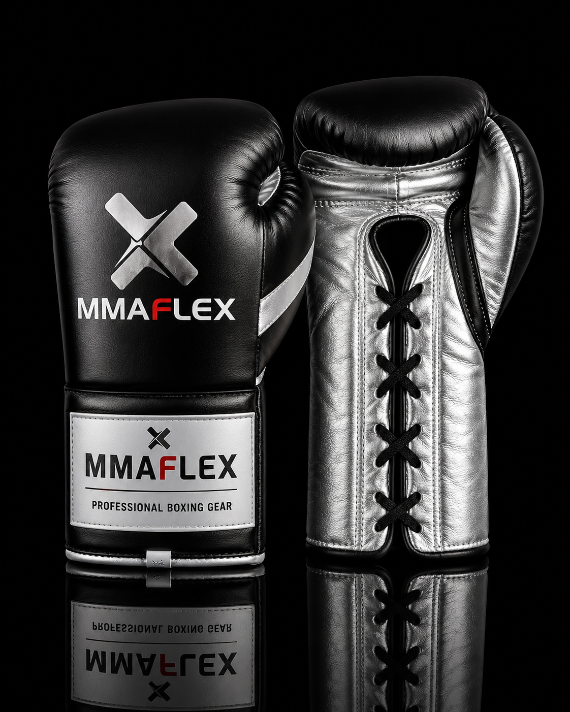 MMAFlex Competition Lace-Up Boxing Gloves – Black / Silver